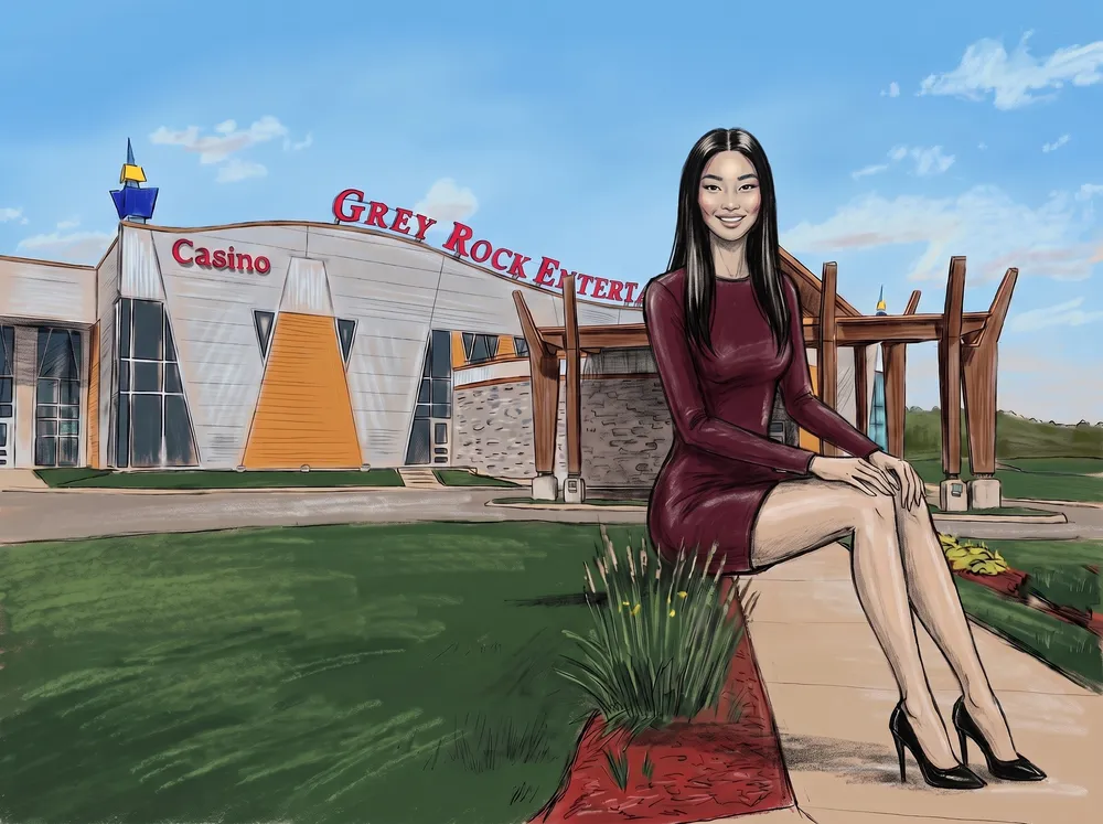 Une femme devant l'entrée du Grey Rock