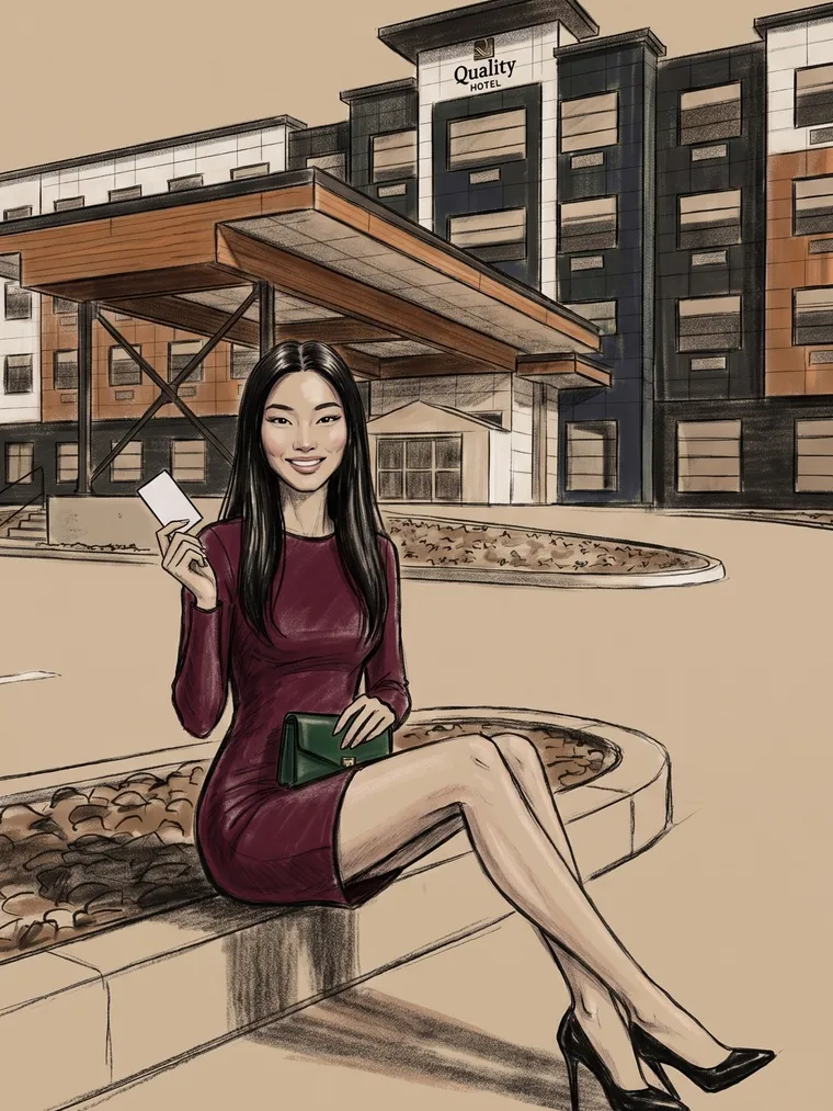 Une femme arrive au Grey Rock Quality Hotel, carte-clé en main