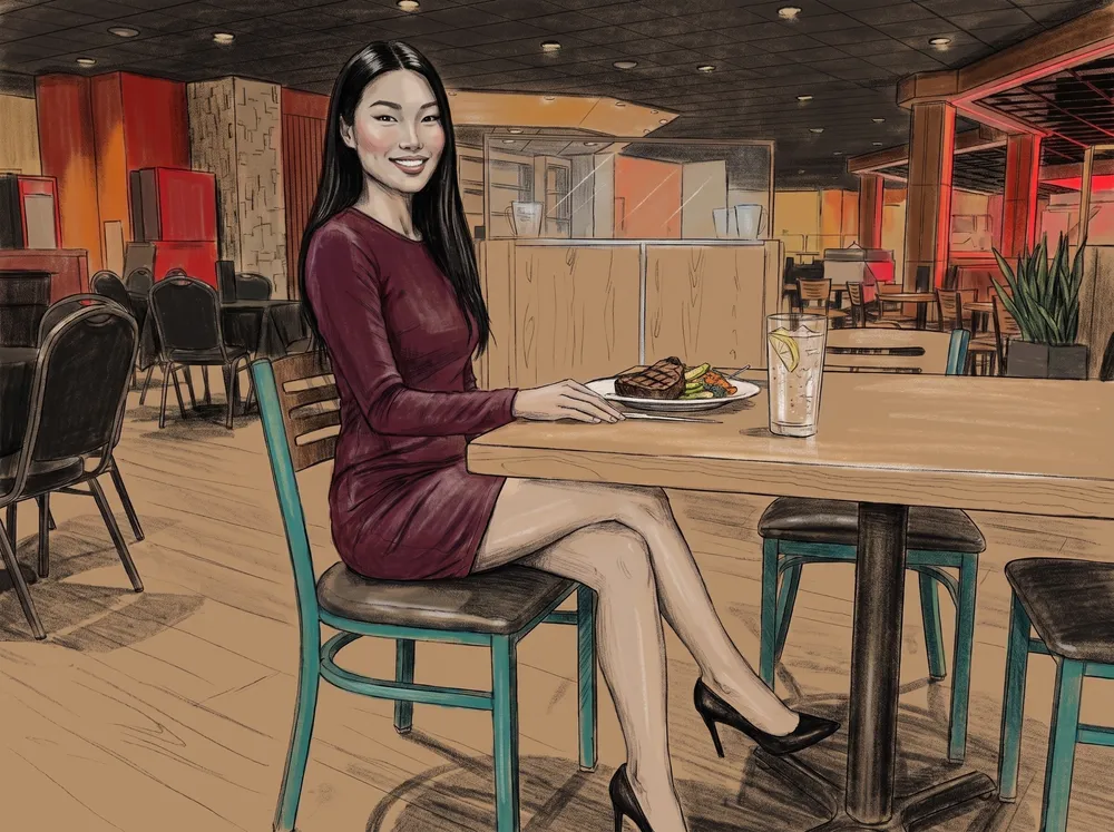 Une femme soupe d'un steak au restaurant du Grey Rock